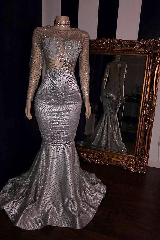 Elegant Appliques Sheer Tulle Prom Dresses Sliver Long Sleevess Mermaid Evening Gowns Secondary image