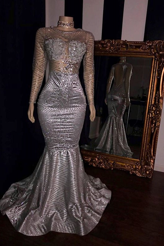 Elegant Appliques Sheer Tulle Prom Dresses Sliver Long Sleevess Mermaid Evening Gowns Main image