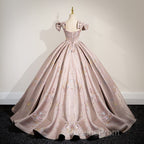 Elegant Ball Gown Pink Beaded Floral Appliques Quinceanera Dress