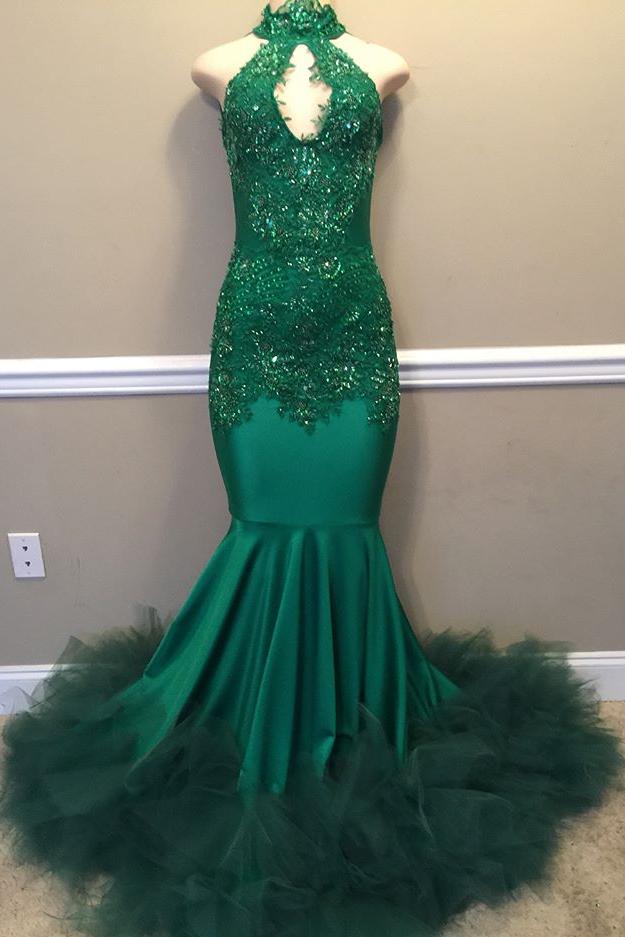 Elegant Beads Appliques Halter Prom Dresses Fit And Flare Sleeveless Tulle Evening Gowns