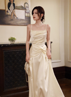 Elegant Beige Spaghetti Strap Square Neck Knot-Embellished Satin Long Classy Prom Dress Bridesmaid Dress