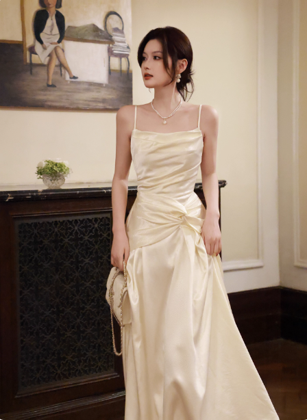 Elegant Beige Spaghetti Strap Square Neck Knot-Embellished Satin Long Classy Prom Dress Bridesmaid Dress