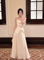 Elegant Beige Spaghetti Strap Square Neck Knot-Embellished Satin Long Classy Prom Dress Bridesmaid Dress