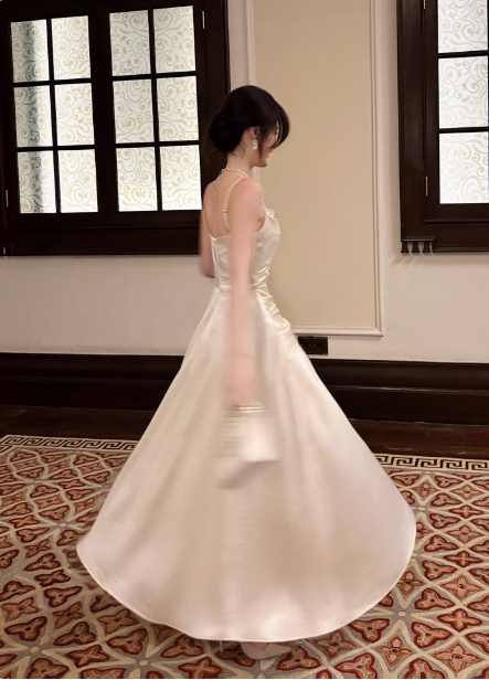 Elegant Beige Spaghetti Strap Square Neck Knot-Embellished Satin Long Classy Prom Dress Bridesmaid Dress