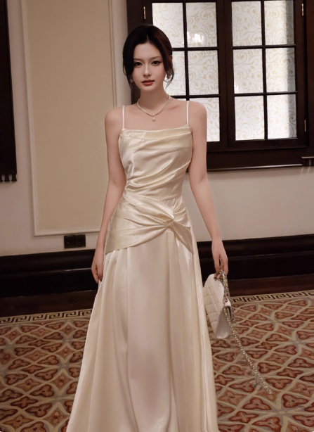 Elegant Beige Spaghetti Strap Square Neck Knot-Embellished Satin Long Classy Prom Dress Bridesmaid Dress