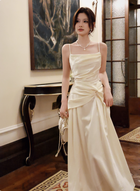 Elegant Beige Spaghetti Strap Square Neck Knot-Embellished Satin Long Classy Prom Dress Bridesmaid Dress Main image