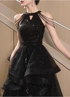 Elegant Black A-Line Halter Neck Chain Sequined Tulle Long Classy Prom Dress