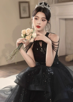 Elegant Black A-Line Halter Neck Chain Sequined Tulle Long Classy Prom Dress