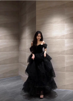 Elegant Black A-Line Off-The-Shoulder Shimmer Tiered Tulle Long Classy Prom Dress