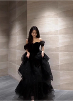 Elegant Black A-Line Off-The-Shoulder Shimmer Tiered Tulle Long Classy Prom Dress
