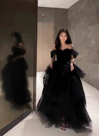 Elegant Black A-Line Off-The-Shoulder Shimmer Tiered Tulle Long Classy Prom Dress
