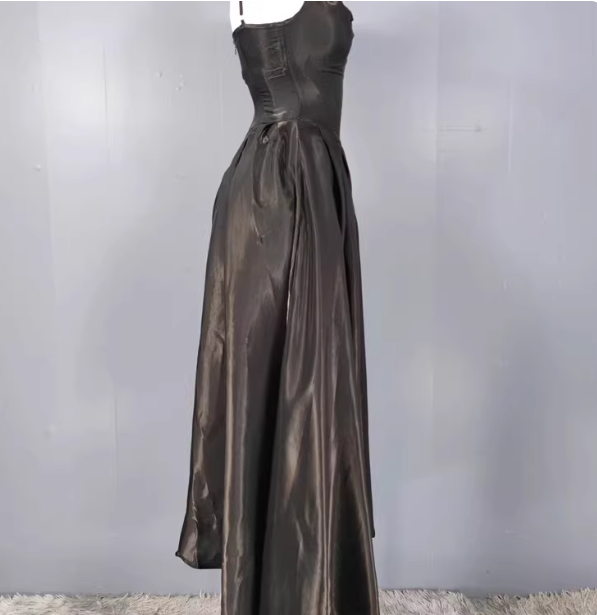 Elegant Black A-Line Spaghetti Strap Satin Long Classy Prom Dress