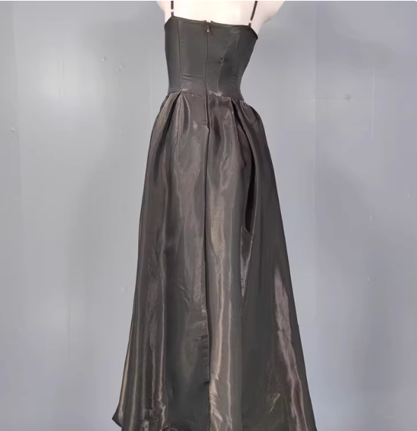 Elegant Black A-Line Spaghetti Strap Satin Long Classy Prom Dress