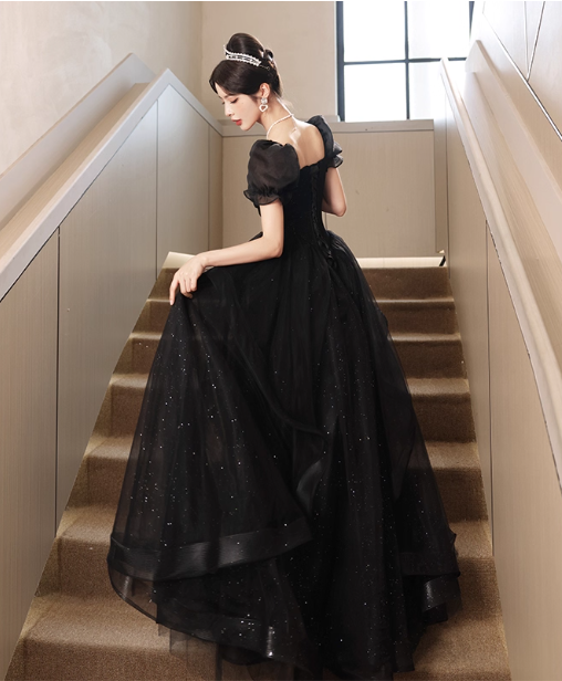 Elegant Black A-Line Square Neck Puff Sleeve Tulle Long Classy Prom Dress Secondary image