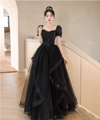 Elegant Black A-Line Square Neck Puff Sleeve Tulle Long Classy Prom Dress