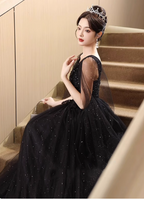 Elegant Black A-Line V-Neck Shawl Lace Tulle Long Classy Prom Dress
