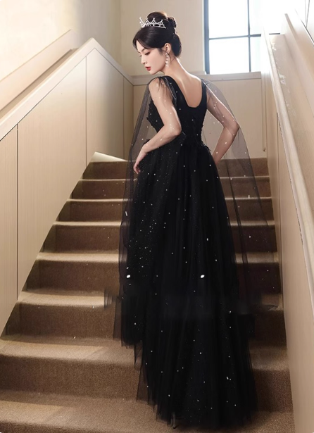 Elegant Black A-Line V-Neck Shawl Lace Tulle Long Classy Prom Dress