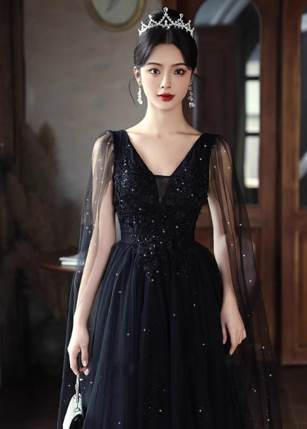 Elegant Black A-Line V-Neck Shawl Lace Tulle Long Classy Prom Dress