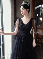Elegant Black A-Line V-Neck Shawl Lace Tulle Long Classy Prom Dress