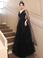 Elegant Black A-Line V-Neck Shawl Lace Tulle Long Classy Prom Dress