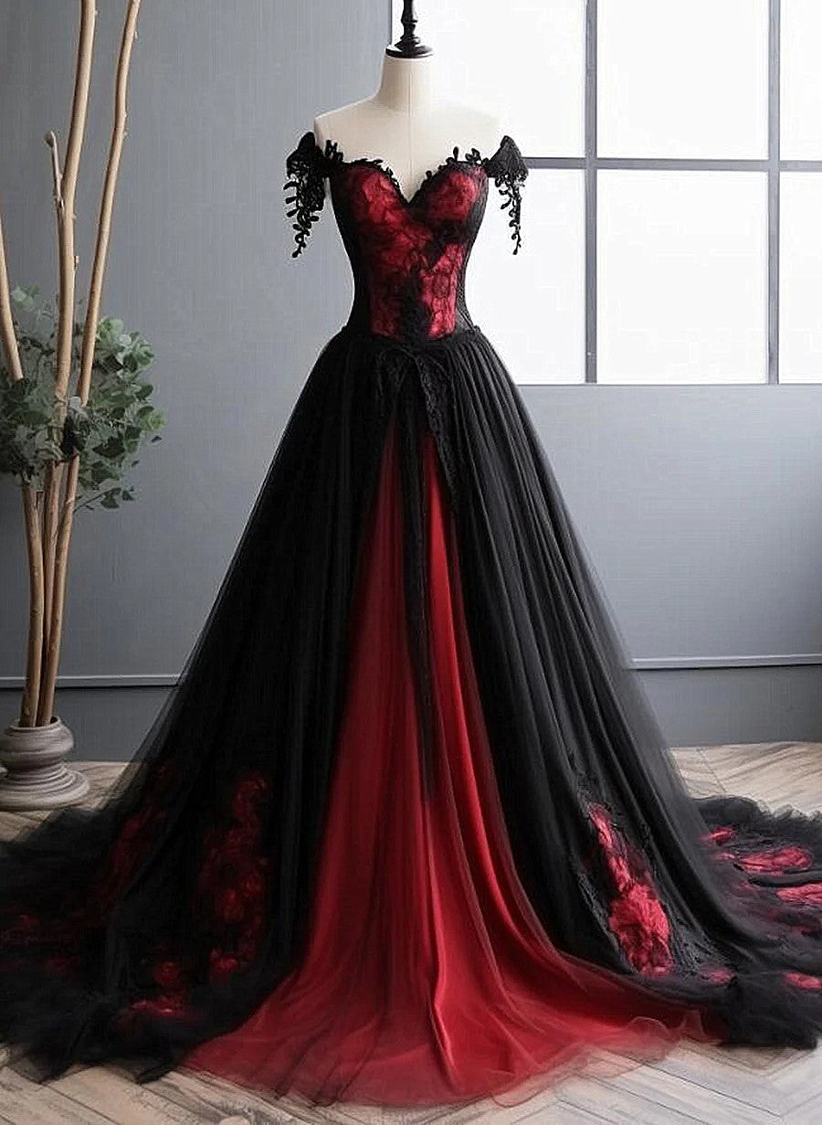 Elegant Black And Red Tulle With Lace Off Shoulder Gown, Black And Red Classy Prom Dress Main image