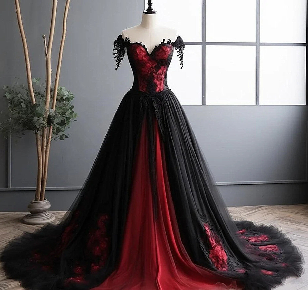 Elegant Black And Red Tulle With Lace Off Shoulder Gown, Black And Red Classy Prom Dress
