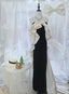 Elegant Black And White Color-Blocked Mermaid Strapless Velvet Satin Long Classy Prom Dress