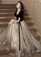 Elegant Black & Gold Panel Short Sleeve Velvet Tulle A-Line Long Classy Prom Dress