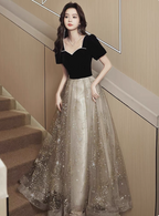 Elegant Black & Gold Panel Short Sleeve Velvet Tulle A-Line Long Classy Prom Dress