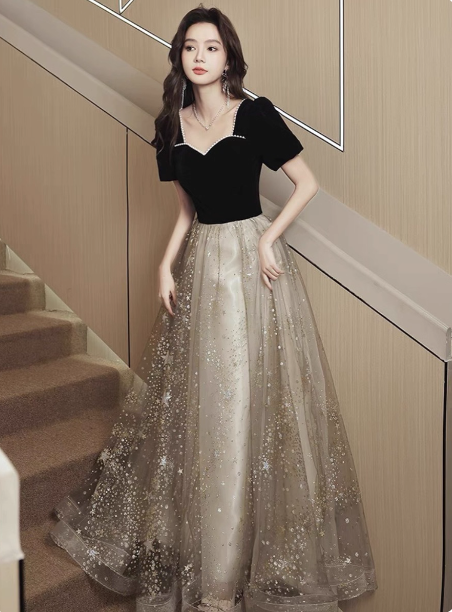 Elegant Black & Gold Panel Short Sleeve Velvet Tulle A-Line Long Classy Prom Dress