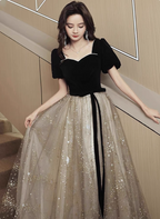 Elegant Black & Gold Panel Short Sleeve Velvet Tulle A-Line Long Classy Prom Dress