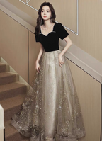 Elegant Black & Gold Panel Short Sleeve Velvet Tulle A-Line Long Classy Prom Dress