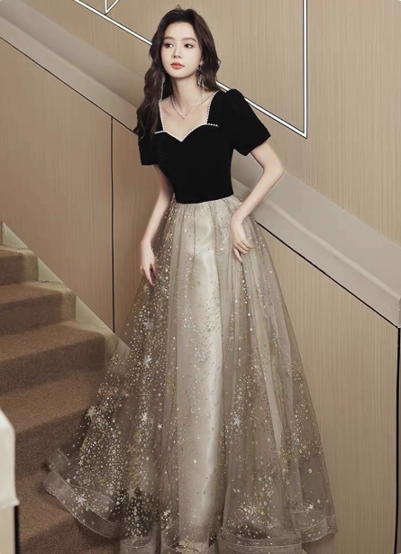 Elegant Black & Gold Panel Short Sleeve Velvet Tulle A-Line Long Classy Prom Dress