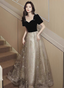 Elegant Black & Gold Panel Short Sleeve Velvet Tulle A-Line Long Classy Prom Dress