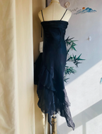 Elegant Black Irregular Pleated Halter Satin Classy Prom Dress