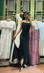 Elegant Black Irregular Strap Beaded Chiffon Long Classy Prom Dress