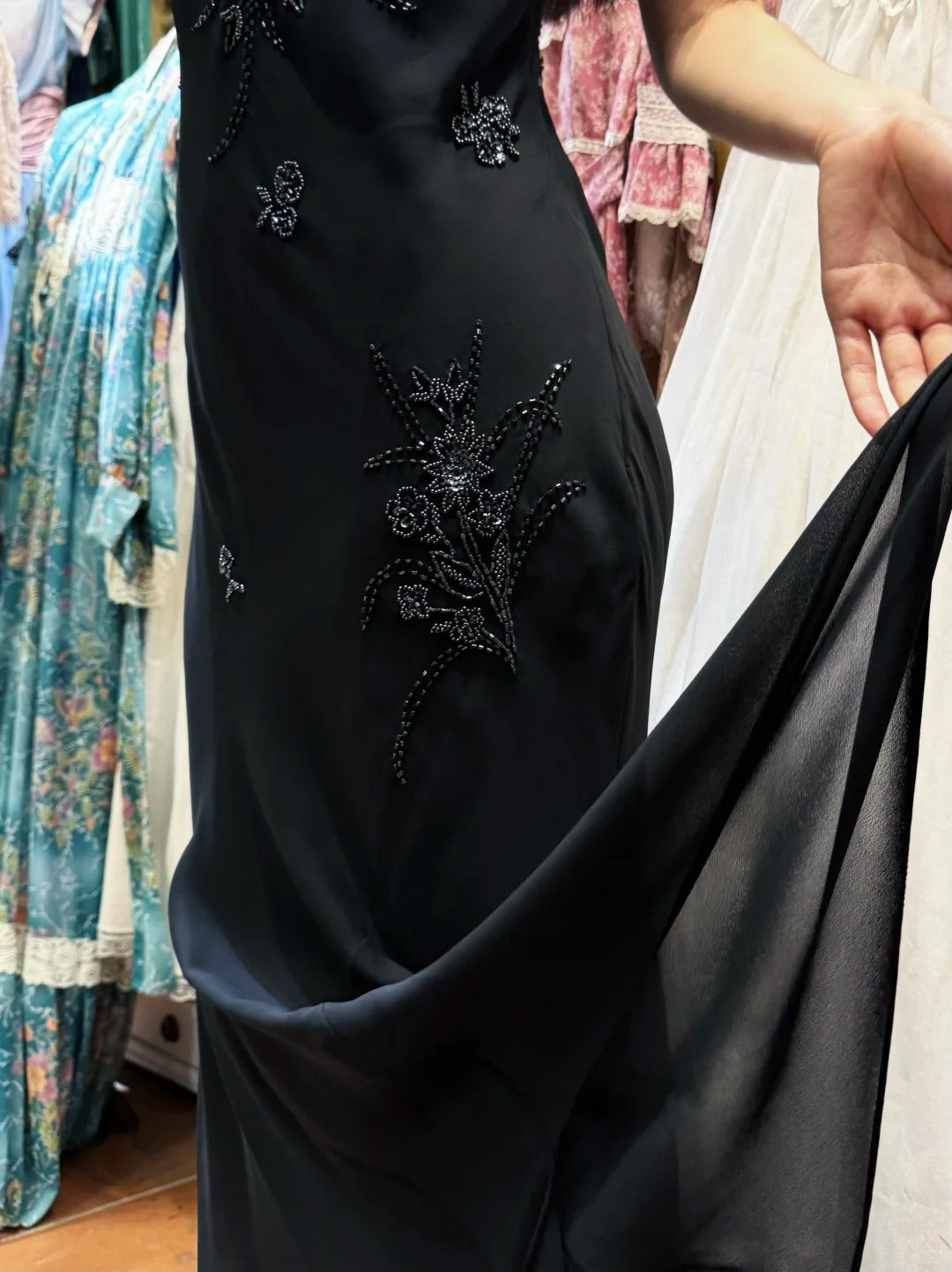 Elegant Black Irregular Strap Beaded Chiffon Long Classy Prom Dress