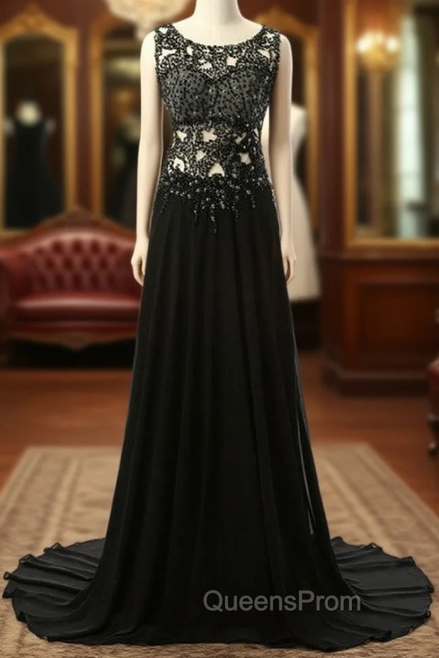 Elegant Black Long Evening Dress Beading Chiffon Sleeveless Main image