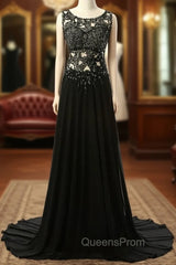 Elegant Black Long Evening Dress Beading Chiffon Sleeveless