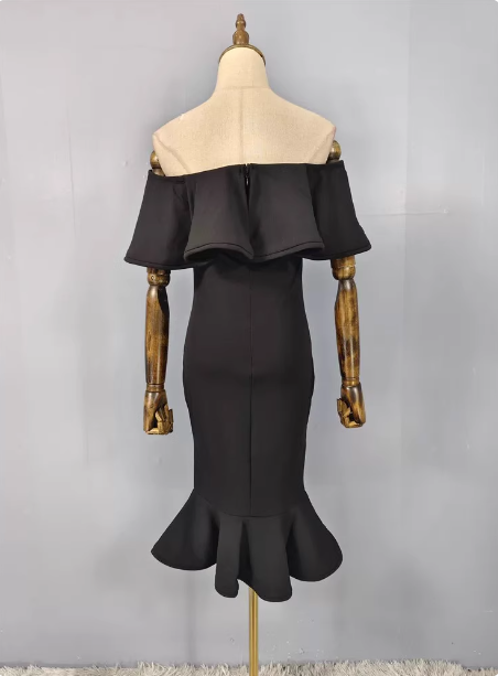 Elegant Black Mermaid Off-The-Shoulder Ruffled Satin Classy Prom Dress