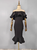 Elegant Black Mermaid Off-The-Shoulder Ruffled Satin Classy Prom Dress