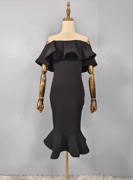Elegant Black Mermaid Off-The-Shoulder Ruffled Satin Classy Prom Dress