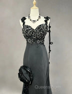 Elegant Black Mermaid Satin Beaded Sequin Long Evening Prom Dress, Sweetheart Neck Evening Dress