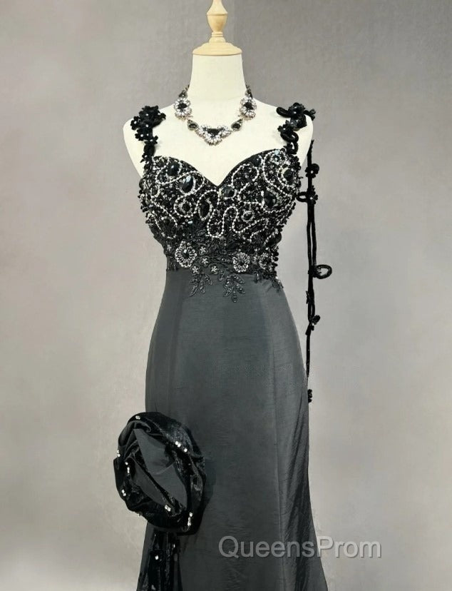 Elegant Black Mermaid Satin Beaded Sequin Long Evening Prom Dress, Sweetheart Neck Evening Dress