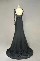 Elegant Black Mermaid Satin Beaded Sequin Long Evening Prom Dress, Sweetheart Neck Evening Dress