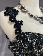 Elegant Black Mermaid Satin Beaded Sequin Long Evening Prom Dress, Sweetheart Neck Evening Dress