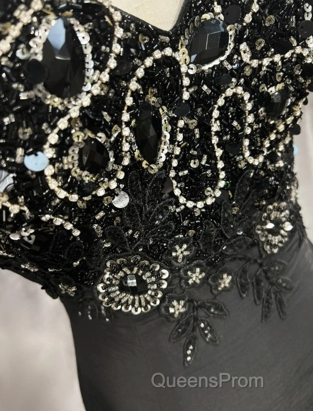 Elegant Black Mermaid Satin Beaded Sequin Long Evening Prom Dress, Sweetheart Neck Evening Dress