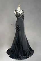 Elegant Black Mermaid Satin Beaded Sequin Long Evening Prom Dress, Sweetheart Neck Evening Dress