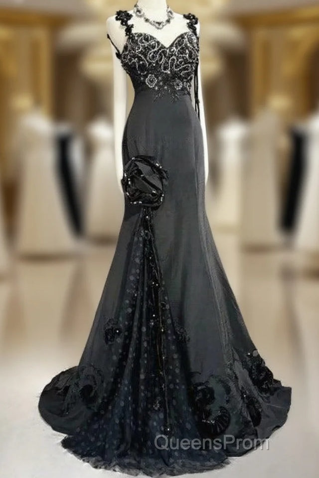 Elegant Black Mermaid Satin Beaded Sequin Long Evening Prom Dress, Sweetheart Neck Evening Dress Main image