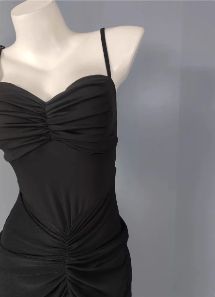 Elegant Black Mermaid Spaghetti Strap Ruched Chiffon Long Classy Prom Dress
